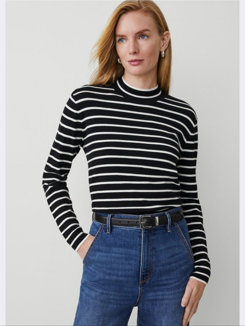 Ann Taylor Sweater Shirt Essential Mock Neck Black & White Stripes Medium